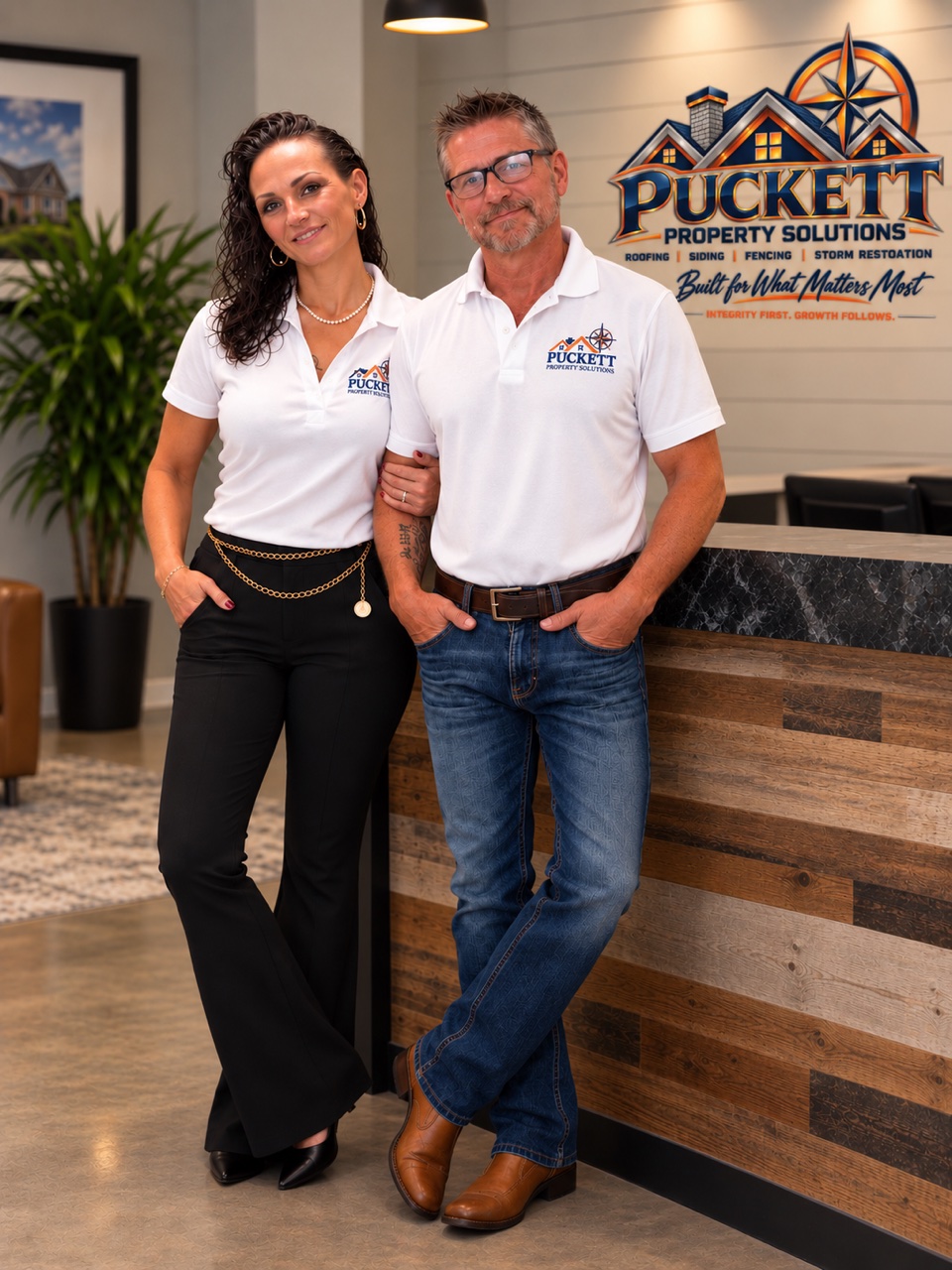 Steve Puckett and Bethany Szolga in Puckett Property Solutions polos beside the company logo